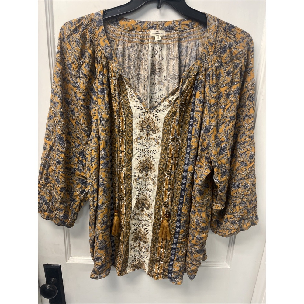Mason & Belle Yellow and Blue Boho Paisley Print, Tie Neckline Bishop Sleeve XL
